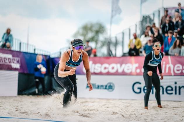 Beach volleyball women German Beach Tour 2024 Tourstop Bremen 09 06 2024 Andressa Cavalcanti Ramalho cheers and clenches her fist Bremen Waterfront Bremen Germany