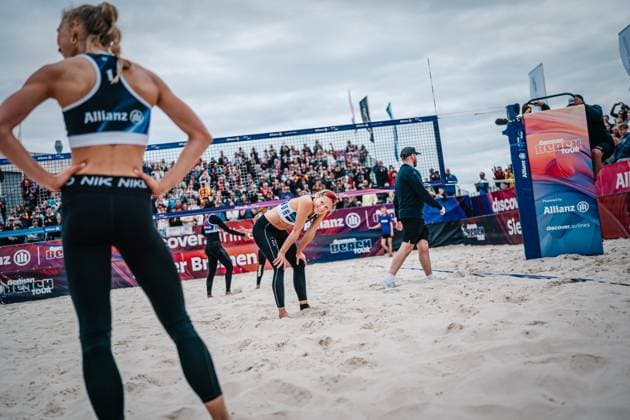 Beach volleyball women German Beach Tour 2024 Tourstop Bremen 09 06 2024 Kim van de Velde right looks at Paula Schürholz left after winning the tournament Bremen Waterfront Bremen Germany
