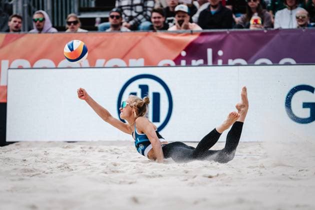 Beach volleyball women German Beach Tour 2024 Tourstop Bremen 09 06 2024 Paula Schürholz jumps to the ball Bremen Waterfront Bremen Germany