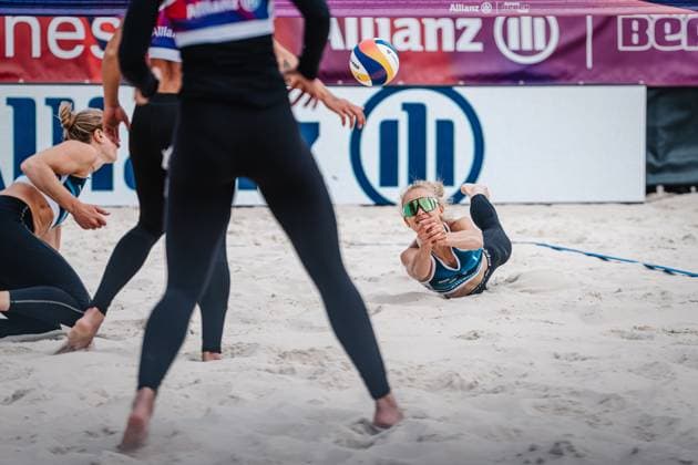 Beach volleyball women German Beach Tour 2024 Tourstop Bremen 09 06 2024 Paula Schürholz jumps to the ball Bremen Waterfront Bremen Germany