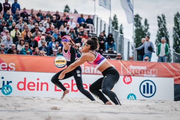 Beach volleyball women German Beach Tour 2024 Tourstop Bremen 09 06 2024 Thainara Mylena Feitosa de Oliveira BRA takes the ball Bremen Waterfront Bremen Germany