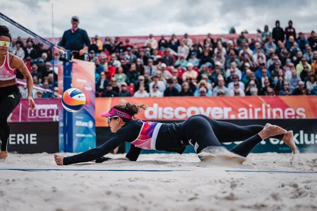 Beach volleyball women German Beach Tour 2024 Tourstop Bremen 09 06 2024 Andressa Cavalcanti Ramalho BRA jumps to the ball Bremen Waterfront Bremen Germany