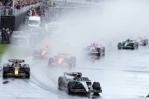 June 9, 2024, Montreal, Pq, CANADA: Mercedes driver George Russell, of the United Kingdom, leads as Red Bull driver Max Verstappen, of The Netherlands, drives during the Canadian Grand Prix Formula 1 car race, in Montreal, Sunday, June 9, 2024. Canada News - June 9, 2024  - ZUMAc35_ 20240609_zaf_c35_035 Copyright: xChristinnexMuschix