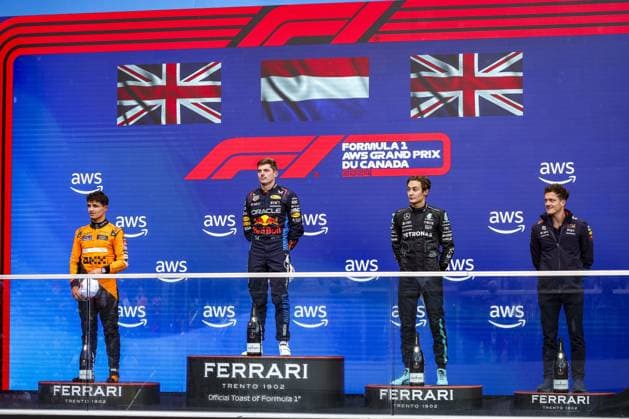 VERSTAPPEN Max (ned), Red Bull Racing RB20, NORRIS Lando (gbr), McLaren F1 Team MCL38, RUSSELL George (gbr), Mercedes AMG F1 Team W15, portrait podium during the Formula 1 AWS Grand Prix du Canada 2024, 9th round of the 2024 Formula One World Championship, WM, Weltmeisterschaft from June 07 to 09, 2024 on the Circuit Gilles Villeneuve, in MontrÃ al, Canada - F1 - CANADIAN GRAND PRIX 2024 DPPI Panoramic  240609_R09_CANADA_DP_FGOO7979