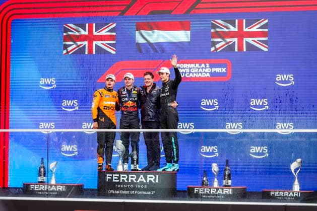 VERSTAPPEN Max (ned), Red Bull Racing RB20, NORRIS Lando (gbr), McLaren F1 Team MCL38, RUSSELL George (gbr), Mercedes AMG F1 Team W15, portrait podium during the Formula 1 AWS Grand Prix du Canada 2024, 9th round of the 2024 Formula One World Championship, WM, Weltmeisterschaft from June 07 to 09, 2024 on the Circuit Gilles Villeneuve, in MontrÃ al, Canada - F1 - CANADIAN GRAND PRIX 2024 DPPI Panoramic  240609_R09_CANADA_DP_FGOO8102