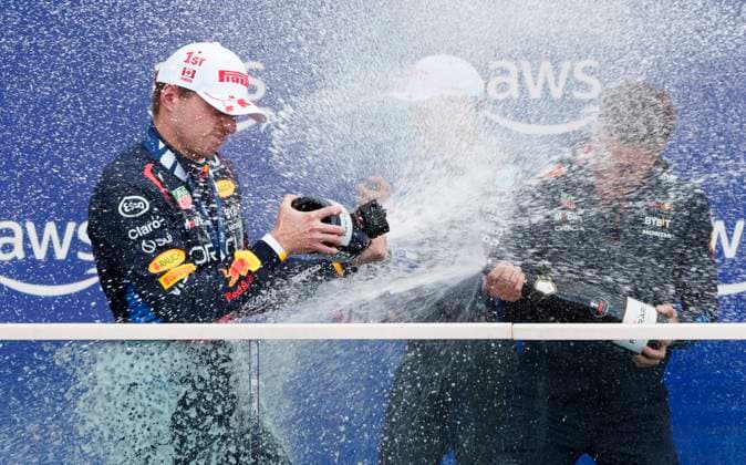 June 9, 2024, Montreal, Pq, Canada: Red Bull Racing driver Max Verstappen of the Netherlands is sprayed with champagne as he celebrates his victory at the Canadian Grand Prix Formula 1 car race, in Montreal, Sunday, June 9, 2024. Max Verstappen  - ZUMAc35_ 20240609_zaf_c35_097 Copyright: xPaulxChiassonx