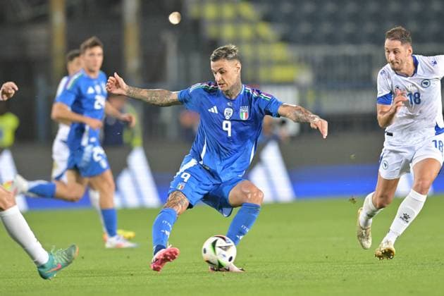 9th June 2024; Stadio Carlo Castellani, Empoli, Italy; International Football Friendly, Italy versus Bosnia Herzegovina; Gianluca Scamacca of Italy takes on Katic of Bosnia  ActionPlus12653001 AllxShotxLive