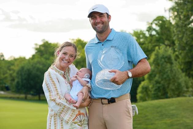 Memorial Tournament presented by Workday Scottie Scheffler of Dallas, Texas holds the winners trophy and his wife Meredith and son Bennett during the awards ceremony after winning the Memorial Tournament presented by Workday at Muirfield Village Golf Club on June 9, 2024 in Dublin, Ohio. Dublin Ohio United States  Copyright: xAmyxLemusx originalFilename:lemus-memorial240609_npiNw.jpg