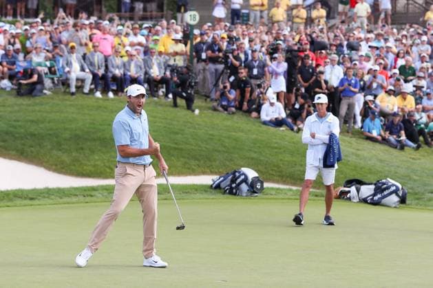 DUBLIN, OH - JUNE 09: Scottie Scheffler of the United States reacts after making a putt to win the Memorial Tournament presented by Workday at Muirfield Village Golf Club on June 9, 2024 in Dublin, Ohio. (Photo by Ian Johnson Icon Sportswire) GOLF: JUN 09 PGA, Golf Herren the Memorial Tournament presented by Workday EDITORIAL USE ONLY Icon240609019