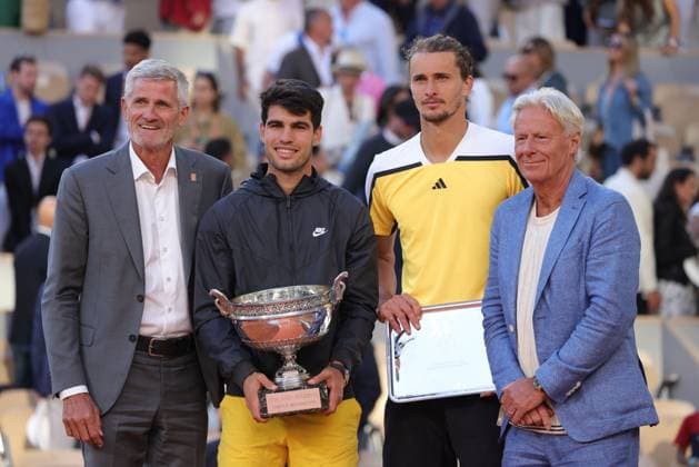 Gilles Moretton FRA, Carlos Alcaraz ESP, Alexander Zverev GER, Björn Borg SWE after final of 2024 French Open at Roland Garros, Paris, 09 06 2024