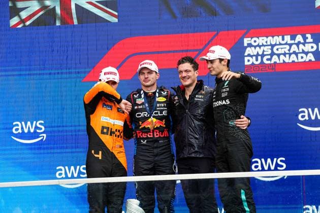 Podium: NORRIS Lando (gbr), McLaren F1 Team MCL38, VERSTAPPEN Max (ned), Red Bull Racing RB20, RUSSELL George (gbr), Mercedes AMG F1 Team W15, portrait during the Formula 1 AWS Grand Prix du Canada 2024, 9th round of the 2024 Formula One World Championship, WM, Weltmeisterschaft from June 07 to 09, 2024 on the Circuit Gilles Villeneuve, in MontrÃ al, Canada - F1 - CANADIAN GRAND PRIX 2024 DPPI Panoramic  240609_R09_CANADA_DP_FGOO8108