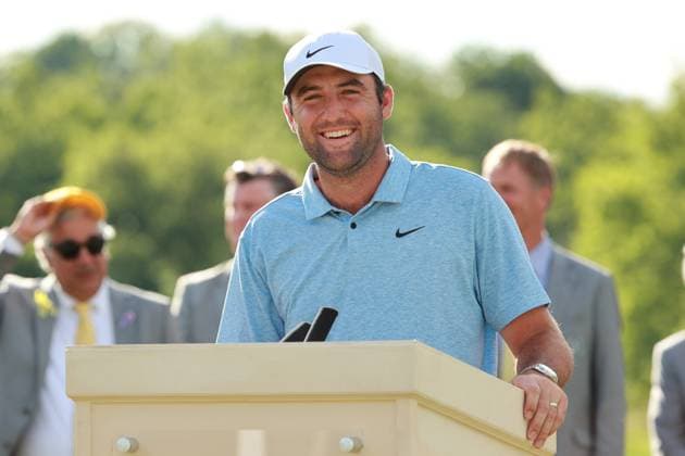 The Memorial Tournament Scottie Scheffler of the United States speaks during the award ceremony after winning The Memorial Tournament presented by Workday at Muirfield Village Golf Club in Dublin, Ohio, USA on Sunday, June 9, 2024. Dublin Ohio United States  Copyright: xJorgexLemusx originalFilename:lemus-thememor240609_npXir.jpg