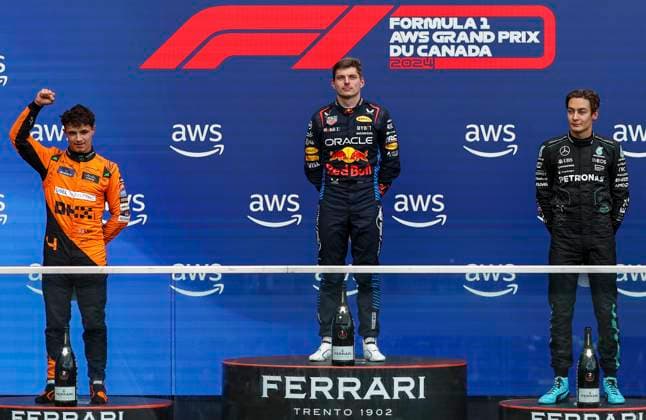 (240610) -- MONTREAL, June 10, 2024 -- First placed Red Bull Racing s Dutch driver Max Verstappen (C), second-placed McLaren s British driver Lando Norris (L) and third placed Mercedes British driver George Russell pose on the podium after the 2024 Canada Formula One Grand Prix race at Circuit Gilles-Villeneuve in Montreal, Canada, June 9, 2024. (Photo by Xinhua) (SP) CANADA-MONTREAL-F1-GRAND PRIX QianxJun 