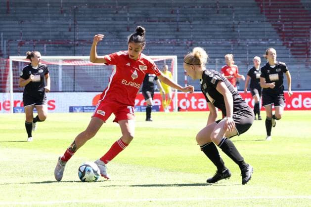 DEU, Region, Women, 1 FC Union vs Henstedt Ulzburg, 09 06 2024, Stadion Alte Foersterei, Berlin, DEU, Region, Women, 1 FC Union vs Henstedt Ulzburg, in the picture Sarah Abu Sabbah 1 FC Union Berlin 16 , Jennifer Michel Henstedt Ulzburg 77 DFL regulations prohibit any use of Photographs as image sequences and or quasi video Foto Juergen Engler nordphoto GmbH nordphotoxGmbHx xEngler nph00076