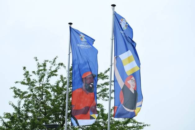 UEFA EURO 2024 Stadium Open Media Days on 10 06 2024 in the Arena AufSchalke in Gelsenkirchen Flags in front of the Arena AufSchalke xRx