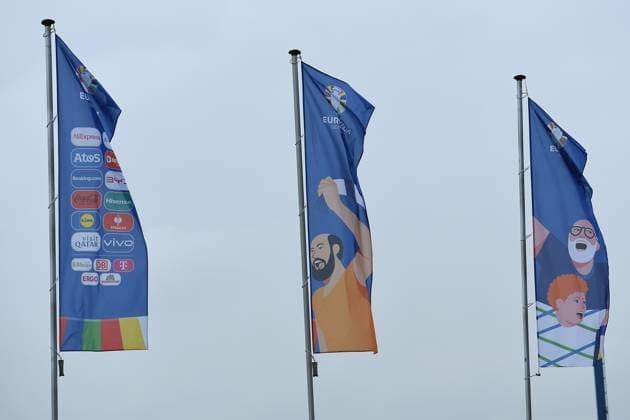 UEFA EURO 2024 Stadium Open Media Days on 10 06 2024 in the Arena AufSchalke in Gelsenkirchen Flags in front of the Arena AufSchalke xRx