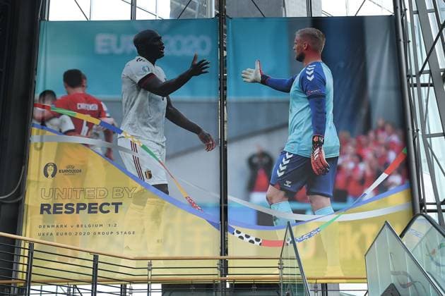 UEFA EURO 2024 Stadium Open Media Days on 10 06 2024 in the Arena AufSchalke in Gelsenkirchen Banner banner with the inscription United bey respect xRx