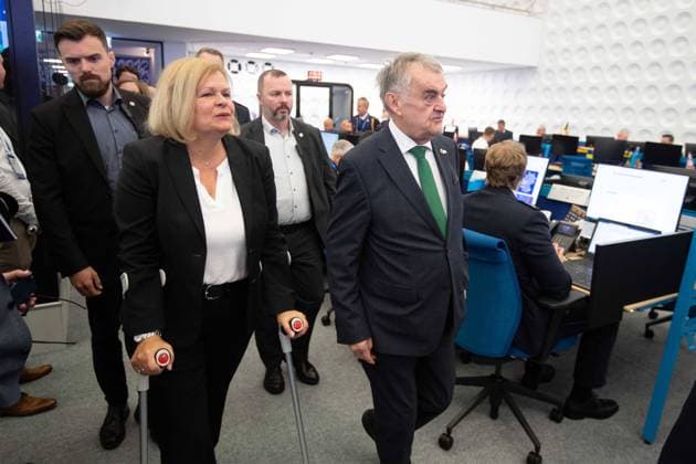 Nancy FAESER, Federal Minister of the Interior, SPD, and Herbert REUL, CDU, Minister of the Interior, Minister of the Interior of North Rhine-Westphalia, visit the IPCC, Opening of the IPCC International Police cooperation Center for the UEFA European Football Championship 2024, , Neuss, on 10 06 2024 Â