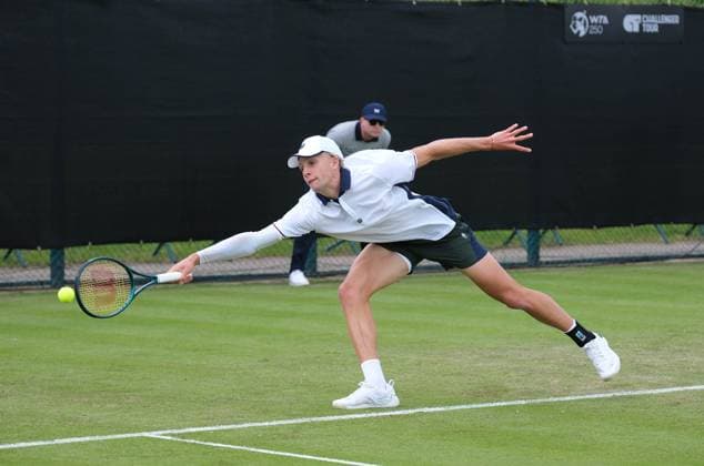 10th June 2024; Lexus Nottingham Tennis Centre, Nottingham, England; Rothesay Nottingham Open, Day 1; Mark Lajal stretches for the ball during the game with Jacob Fearnley , mens singles qualifying  ActionPlus12653069 PaulxBonser