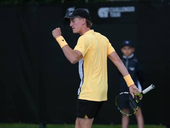 10th June 2024; Lexus Nottingham Tennis Centre, Nottingham, England; Rothesay Nottingham Open, Day 1; Henry Searle celebrates the point against Luke Saville , mens singles qualifying  ActionPlus12653087 PaulxBonser