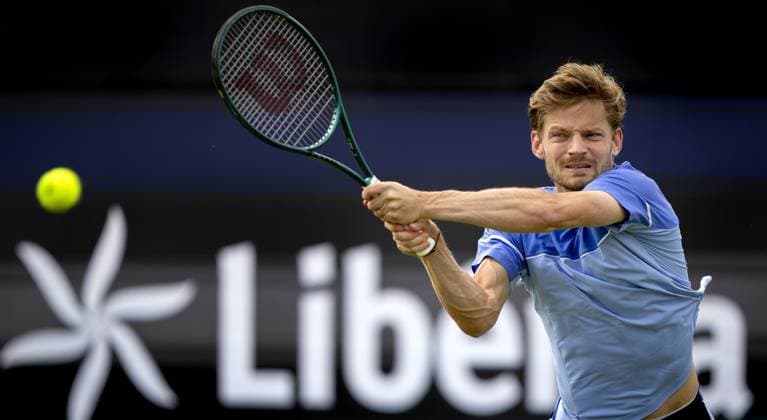 ROSMALEN - David Goffin (BEL) in action against Luca Nardi (ITA) on the third day of the Libema Open tennis tournament in Rosmalen. ANP SANDER KONING xVIxANPxSportx xxANPxIVx 500779370 originalFilename: 500779370.jpg