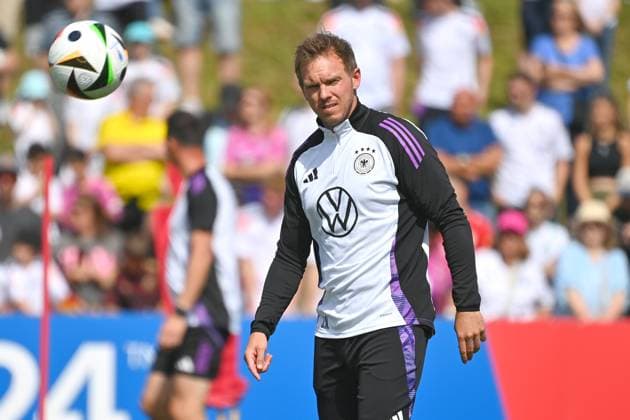 National coach Julian NAGELSMANN GER , single image,cropped single motif,half figure,half figure public training, German national football team,training camp in Herzogenaurach on 10 06 2024