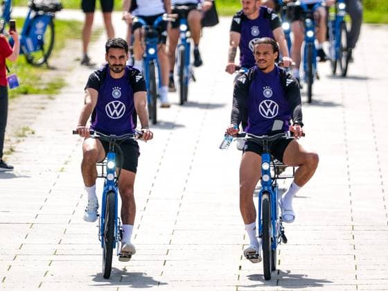 Ilkay Guendogan Germany , 21 and Leroy Sane Germany , 19 on the bike, GER, DFB, Public training, Football mens national team Germany, UEFA European Football Championship 2024, Herzogenaurach 10 06 2024 GER, DFB, Public training, Football mens national team Germany, UEFA European Football Championship 2024, Herzogenaurach 10 06 2024 Herzogenaurach Copyright: xEibner-Pressefoto FlorianxWieganx EP_FWD
