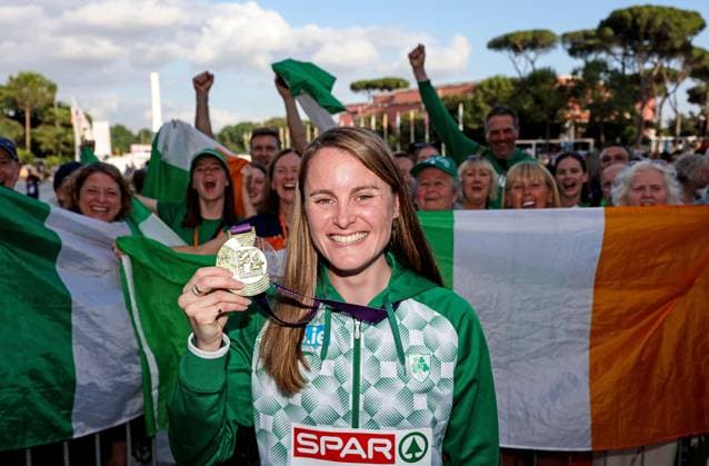 2024 European Athletics Championships, Stadio Olympico, Rome 10 6 2024 Women™s 1500m Final Medal Presentation Ireland™s Ciara Mageean celebrates with her gold medal with Irish fans Ciara Mageean celebrates with her gold medal with Irish fans 10 6 2024  Copyright: x INPHO MorganxTreacyx MT1_3864