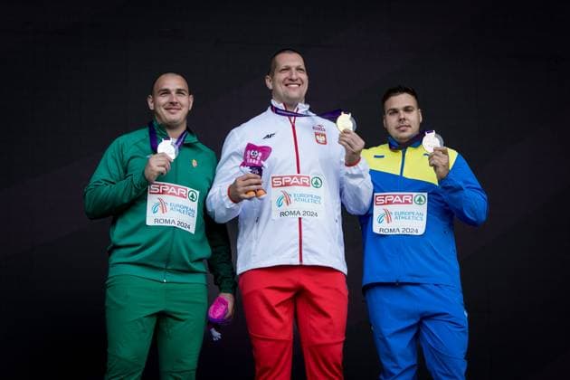 European Athletics Championships Rome, 10 06 2024 Podium of the mens hammer throw, left to right Bence HALASZ HUN , silver Wojciech NOWICKI POL , gold Mykhaylo KOKHAN UKR , bronze at the European Athletics Championships on June 10, 2024 in Rome Copyright: xBEAUTIFULxSPORTS OlafxRellischx
