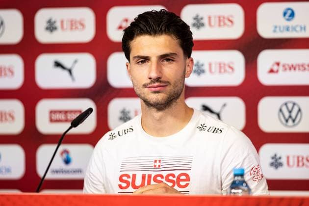 Leonidas Stegiou Swiss, Switzerland at the press conference GER, Training Football Mens National Team Switzerland, Swiss, UEFA European Football Championship 2024 DFB DFL REGULATIONS PROHIBIT ANY USE OF PHOTOGRAPHS AS IMAGE SEQUENCES AND OR QUASI VIDEO GER, Training Football Mens National Team Switzerland, Swiss, UEFA European Football Championship 2024 Stuttgart Copyright: xEibner-Pressefoto RogerxBuerkex EP