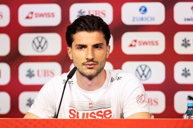 Leonidas Stegiou Swiss, Switzerland at the press conference GER, Training Football Mens National Team Switzerland, Swiss, UEFA European Football Championship 2024 DFB DFL REGULATIONS PROHIBIT ANY USE OF PHOTOGRAPHS AS IMAGE SEQUENCES AND OR QUASI VIDEO GER, Training Football Mens National Team Switzerland, Swiss, UEFA European Football Championship 2024 Stuttgart Copyright: xEibner-Pressefoto RogerxBuerkex EP