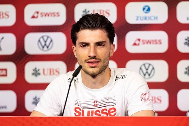 Leonidas Stegiou Swiss, Switzerland at the press conference GER, Training Football Mens National Team Switzerland, Swiss, UEFA European Football Championship 2024 DFB DFL REGULATIONS PROHIBIT ANY USE OF PHOTOGRAPHS AS IMAGE SEQUENCES AND OR QUASI VIDEO GER, Training Football Mens National Team Switzerland, Swiss, UEFA European Football Championship 2024 Stuttgart Copyright: xEibner-Pressefoto RogerxBuerkex EP
