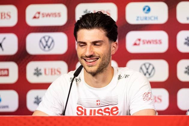 Leonidas Stegiou Swiss, Switzerland at the press conference GER, Training Football Mens National Team Switzerland, Swiss, UEFA European Football Championship 2024 DFB DFL REGULATIONS PROHIBIT ANY USE OF PHOTOGRAPHS AS IMAGE SEQUENCES AND OR QUASI VIDEO GER, Training Football Mens National Team Switzerland, Swiss, UEFA European Football Championship 2024 Stuttgart Copyright: xEibner-Pressefoto RogerxBuerkex EP