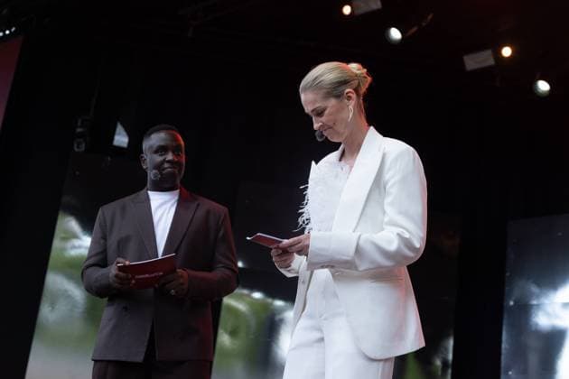 The hosts Melvin Kakooza (L) and Camilla Martin (R) on the stage in Tivoli in Copenhagen Monday June, 10, 2024. DBU, TV2 and Tivoli send the Danish men s national football team off to the UEFA EURO, EM, Europameisterschaft,Fussball 2024 with a live show from Tivoli in Copenhagen Copenhagen Tivoli Denmark Copyright: xKristianxTuxenxLadegaardxBergx 2E6A3740