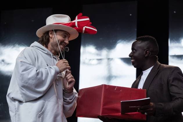 Nicklas Bendtner (L), former striker on the Danish men s national football team and the host Melvin Kakooza R) on the stage in Tivoli in Copenhagen Monday June, 10, 2024. DBU, TV2 and Tivoli send the Danish men s national football team off to the UEFA EURO, EM, Europameisterschaft,Fussball 2024 with a live show from Tivoli in Copenhagen Copenhagen Tivoli Denmark Copyright: xKristianxTuxenxLadegaardxBergx 2E6A5543