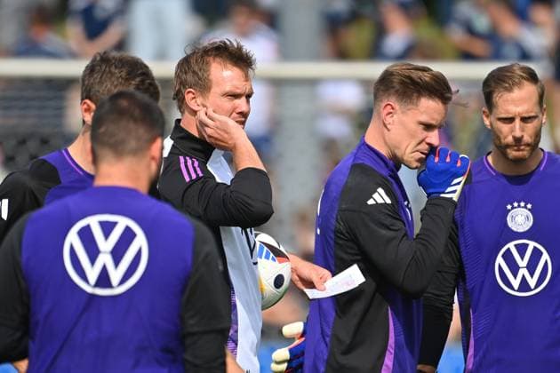 National coach Julian NAGELSMANN GER with goalkeeper Marc Andre TER STEGEN GER and goalkeeper Oliver BAUMANN GER,re public training, German national football team,training camp in Herzogenaurach on 10 06 2024