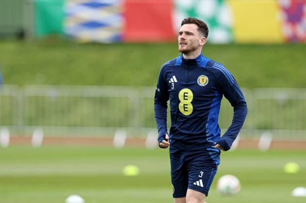 Andy Robertson of Scotland during the training session Scotland Training Session and press conference, PK, Pressekonferenz UEFA European Championship, EM, Europameisterschaft 2024, Group A Football, Stadion am Groben, Garmisch-Partenkirchen, Germany, 11 Jun 2024 EDITORIAL USE ONLY No use with unauthorised audio, video, data, fixture lists, club league logos or live services. Online in-match use limited to 120 images, no video emulation. No use in betting, games or single club league player publications.  Copyright: xPaulxCurrie Shutterstockx 14523736g