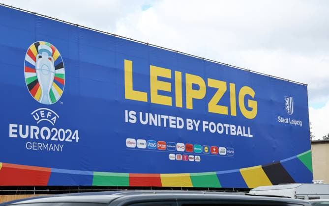 EM Host City Leipzig Stadium Open Media Day Leipzig, 11 06 2024, Stadion Leipzig, Football, UEFA Euro 2024, Host City Leipzig , Open Media Day at the stadium , In photo EM UEFA Branding Leipzig is united by football , For editorial use only Only editorial use , Picture Point