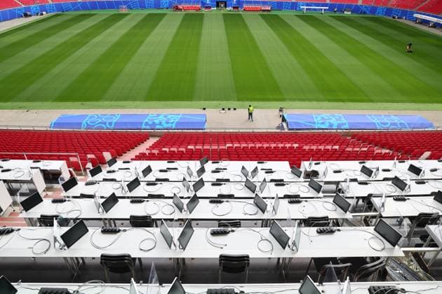 EM Host City Leipzig Stadium Open Media Day Leipzig, 11 06 2024, Stadion Leipzig, Football, UEFA Euro 2024, Host City Leipzig , Open Media Day in the stadium , In the photo view of the workstations in the media grandstand Press grandstand with screens, power and network connections , For editorial use only Only editorial use , Picture Point