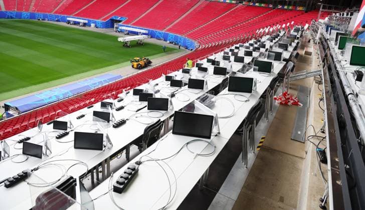 EM Host City Leipzig Stadium Open Media Day Leipzig, 11 06 2024, Stadion Leipzig, Football, UEFA Euro 2024, Host City Leipzig , Open Media Day in the stadium , In the photo view of the workstations in the media grandstand Press grandstand with screens, power and network connections , For editorial use only Only editorial use , Picture Point