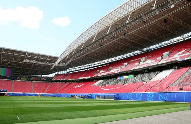 EM Host City Leipzig Stadium Open Media Day Leipzig, 11 06 2024, Stadion Leipzig, Football, UEFA Euro 2024, Host City Leipzig , Open Media Day in the stadium , In the photo stadium view, overview, back straight with media grandstand press grandstand , For editorial use only Only editorial use , Picture Point