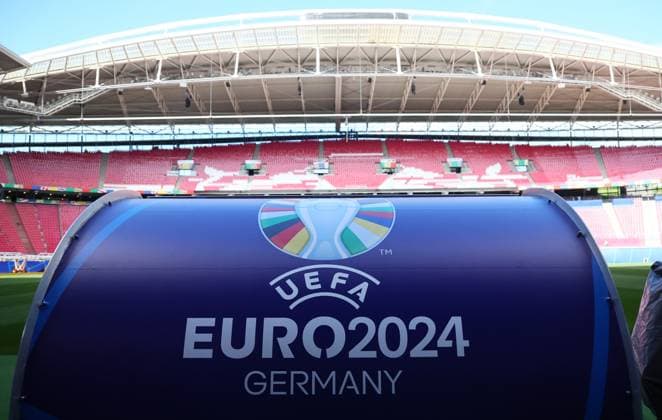 EM Host City Leipzig Stadium Open Media Day Leipzig, 11 06 2024, Stadion Leipzig, Football, UEFA Euro 2024, Host City Leipzig , Open Media Day at the stadium , In photo EM UEFA branding stadium view , For editorial use only Only editorial use , Picture Point