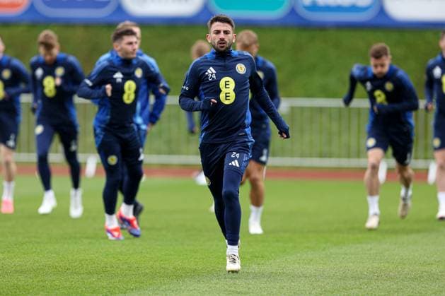 Greg Taylor of Scotland during the training session Scotland Training Session and press conference, PK, Pressekonferenz UEFA European Championship, EM, Europameisterschaft 2024, Group A Football, Stadion am Groben, Garmisch-Partenkirchen, Germany, 11 Jun 2024 EDITORIAL USE ONLY No use with unauthorised audio, video, data, fixture lists, club league logos or live services. Online in-match use limited to 120 images, no video emulation. No use in betting, games or single club league player publications.  Copyright: xPaulxCurrie Shutterstockx 14523736r