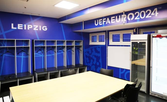 EM Host City Leipzig Stadium Open Media Day Leipzig, 11 06 2024, Stadion Leipzig, Football, UEFA Euro 2024, Host City Leipzig , Open Media Day at the stadium , In the photo stadium view, cabin, seats with EM UEFA 2024 branding , For editorial use only Only editorial use , Picture Point