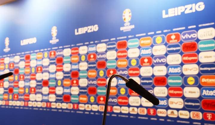 EM Host City Leipzig Stadium Open Media Day Leipzig, 11 06 2024, Stadion Leipzig, Football, UEFA Euro 2024, Host City Leipzig , Open Media Day at the stadium , In the photo EM UEFA Branding Press Conference Room , For editorial use only Only editorial use , Picture Point
