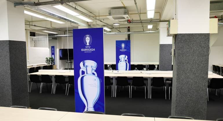 EM Host City Leipzig Stadium Open Media Day Leipzig, 11 06 2024, Stadion Leipzig, Football, UEFA Euro 2024, Host City Leipzig , Open Media Day in the stadium , In the photo Media workstations Press workstations in the indoor area , For editorial use only Only editorial use , Picture Point