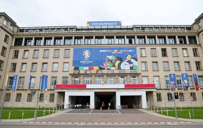 EM Host City Leipzig Stadium Open Media Day Leipzig, 11 06 2024, Stadion Leipzig, Football, UEFA Euro 2024, Host City Leipzig , Open Media Day at the stadium , In the photo EM UEFA 2024 branding in front of the entrance area of the Sportforum stadium , For editorial use only Only editorial use , Picture Point