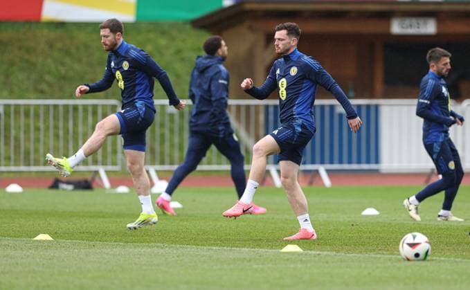 Andy Robertson of Scotland during the training session Scotland Training Session and press conference, PK, Pressekonferenz UEFA European Championship, EM, Europameisterschaft 2024, Group A Football, Stadion am Groben, Garmisch-Partenkirchen, Germany, 11 Jun 2024 EDITORIAL USE ONLY No use with unauthorised audio, video, data, fixture lists, club league logos or live services. Online in-match use limited to 120 images, no video emulation. No use in betting, games or single club league player publications.  Copyright: xPaulxCurrie Shutterstockx 14523736ap