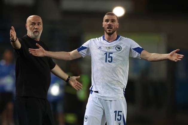 Empoli, Italy, 9th June 2024. Sergej Barbarez Head coach of Bosnia and Herzegovina and Nihad Mujakic of Bosnia and Herzegovina react during the International Friendly, Länderspiel, Nationalmannschaft match at Stadio Carlo Castellani, Empoli. Picture credit should read: Jonathan Moscrop Sportimage EDITORIAL USE ONLY. No use with unauthorised audio, video, data, fixture lists, club league logos or live services. Online in-match use limited to 120 images, no video emulation. No use in betting, games or single club league player publications. SPI-3180-0074