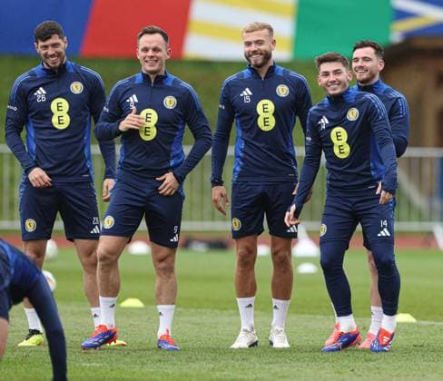 Billy Gilmour of Scotland and team mates during the training session Scotland Training Session and press conference, PK, Pressekonferenz UEFA European Championship, EM, Europameisterschaft 2024, Group A Football, Stadion am Groben, Garmisch-Partenkirchen, Germany, 11 Jun 2024 EDITORIAL USE ONLY No use with unauthorised audio, video, data, fixture lists, club league logos or live services. Online in-match use limited to 120 images, no video emulation. No use in betting, games or single club league player publications.  Copyright: xPaulxCurrie Shutterstockx 14523736bu
